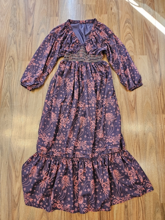 The Unbranded Brand Dresses & Skirts - Boho Floral V-Neck Long Sleeve Maxi Dress in Plum and Coral